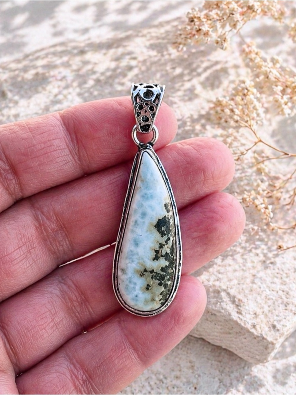 Natural Caribbean Larimar Silver 2” Necklace Pendant